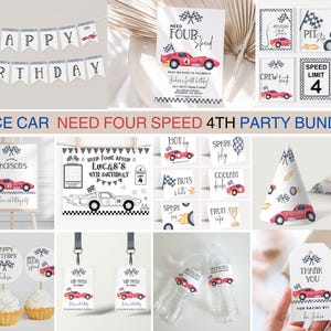 Pu&ograve; includere: Una collezione di decorazioni per feste a tema auto da corsa. Include uno striscione con la scritta "Happy Birthday", inviti, decorazioni per cupcake, etichette per bottiglie d'acqua e cappelli da festa. La combinazione di colori &egrave; rosso, bianco e blu. &Egrave; visibile anche il testo "Race Car Need Four Speed 4th Party Bundle".