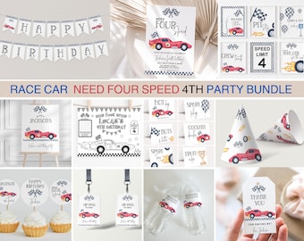 Paquete de artículos de fiesta editables para el cuarto cumpleaños con temática de coches de carreras de Need for Speed (descarga digital).