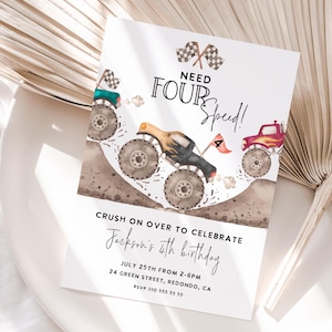 Invito di compleanno modificabile a tema Monster Truck Need FOUR Speed, 4° compleanno, festa Monster Truck, Monster Jam, invito di compleanno per bambini, stampabile