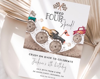 Editable Need FOUR Speed Monster truck birthday invitation, 4th birthday, Monster truck party, Monster Jam, boy birthday invite, printable