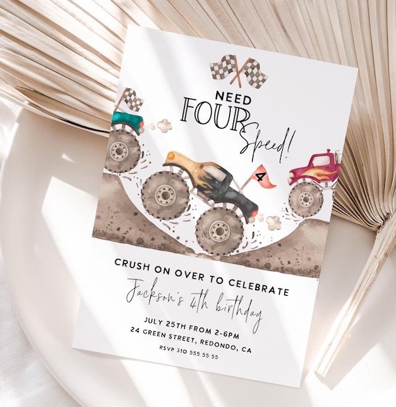 Need FOUR Speed Monster Truck Birthday Invitation: Editable, Printable (Digital Download)