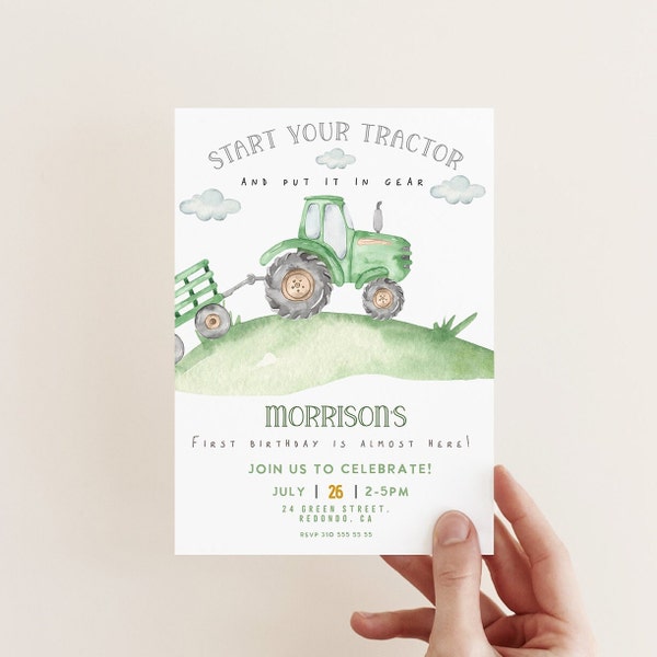 Tractor Birthday invitation, Green Tractor Invitation, Boy 1st Birthday Invite, 2nd birthday, any age, boy birthday party, Instant download