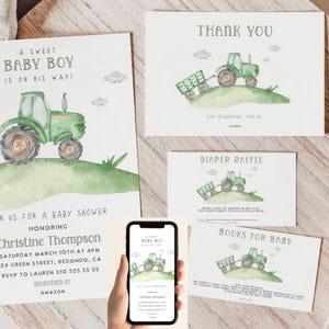 Babyshower jongen jongen, BEWERKBARE trekker babyshower uitnodigen, boerderij babyshower, uitnodiging groene tractor, babyshower bundel, afdrukbaar