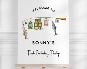 Cartello di benvenuto per la festa di compleanno a tema pesca, adatto a tutte le età, modello stampabile e modificabile a tema piccolo pescatore (download digitale)