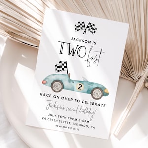 Editable TWO FAST birthday invitation, 2nd birthday, Race Car birthday party, car invite, racing party, vintage race car, Digital Template