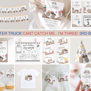 Editable Monster truck party bundle, CAN&#39;T CATCH ME, 3rd birthday, Monster truck party, Monster Jam, Monster truck birthday decor, download