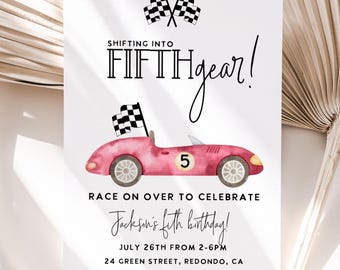 Red Vintage RaceCar 5th Birthday Invitation: Shifting into Fifth Gear (Editable Template, Instant Download)