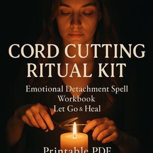 Puede incluir: Una vela encendida con una llama es el punto focal de esta imagen. El texto "CORD CUTTING RITUAL KIT" se muestra encima del texto "Emotional Detachment Spell Workbook Let Go & Heal". Una persona sostiene unas tijeras cerca de la vela.