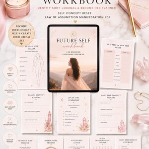 May include: A digital Future Self Workbook displayed on a tablet screen, surrounded by printed pages including a Future Self Avatar, Wealth Identity Mapping, Lucky Girl Syndrome, and Daily Self-Concept Journal, all featuring soft pink tones.