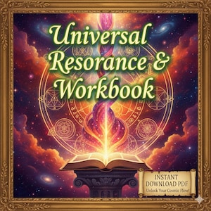 May include: A digital artwork with the words "Universal Resonance & Workbook". The image shows an open book on a pedestal, with a colourful cosmic background. The image also includes the text "INSTANT DOWNLOAD PDF Unlock Your Cosmic Flow!"