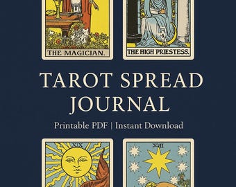 May include: A digital download featuring a tarot spread journal. The image displays four tarot cards: The Magician, The High Priestess, The Sun, and The Star. The title "TAROT SPREAD JOURNAL" is centered, with "Printable PDF | Instant Download" below.