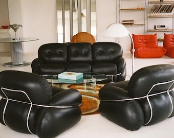 Adriano Piazzesi "Okay" Sofa and Chairs Set, 1970s Italian Sculptural Leather Seating