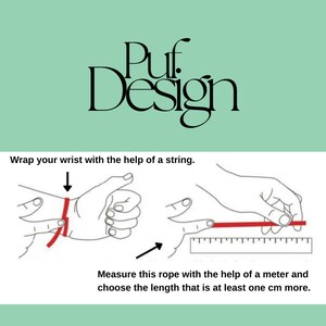 Op de afbeelding: Diagram dat laat zien hoe je je pols kunt meten voor een armband. Wikkel een touwtje om je pols en meet het touwtje vervolgens met een liniaal. Voeg ten minste &eacute;&eacute;n centimeter toe aan de meting.