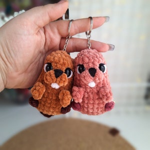 May include: Two crocheted animal keychains, one brown and one pink, with black eyes and white teeth. The keychains are hanging from silver key rings.