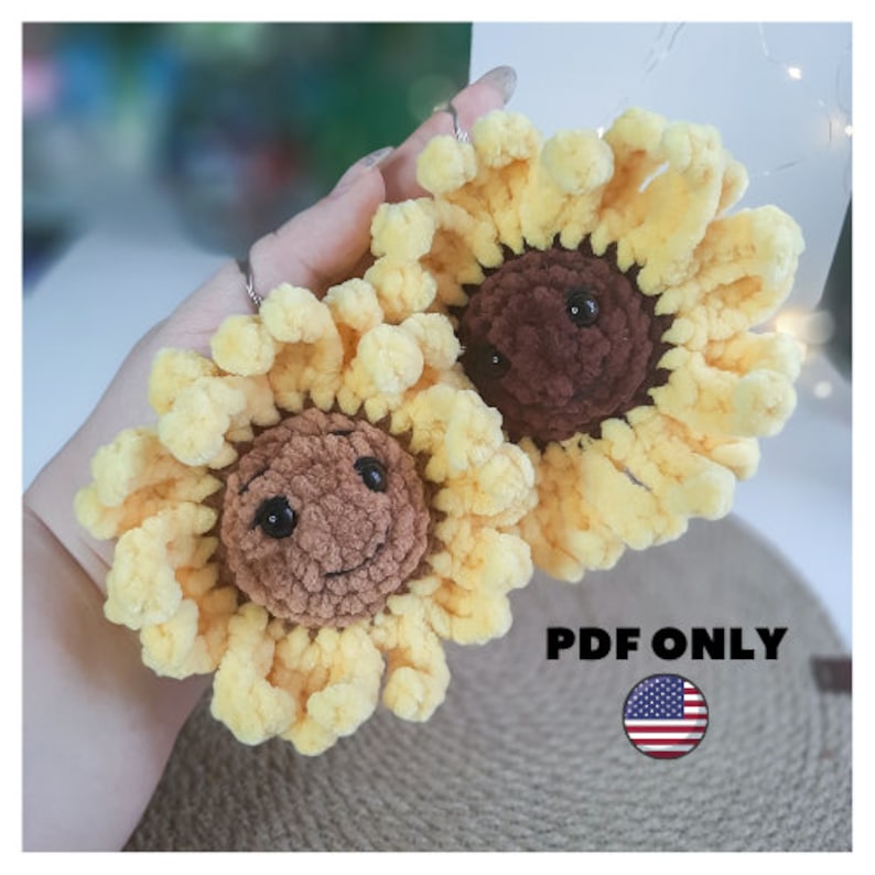 Plush Sunflower Keychain crochet pattern listing photo by CrochetedFriendsAU