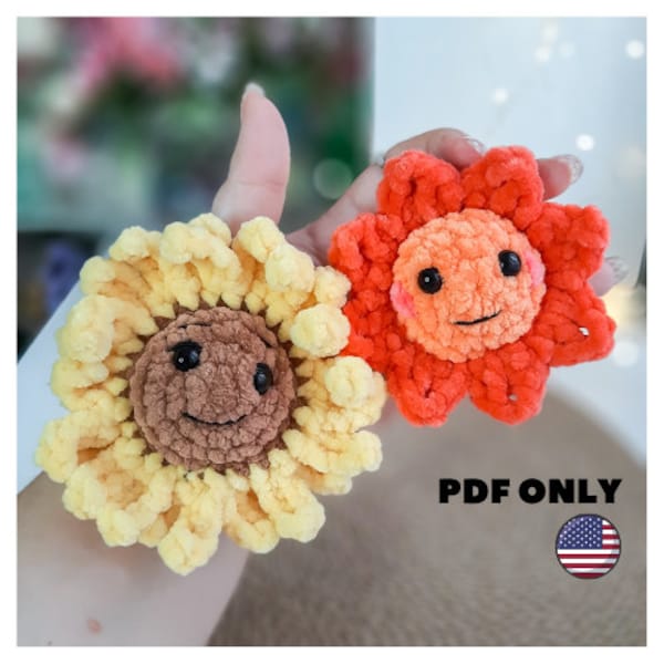 Crochet plush sunflower and sun keychain pattern, kawaii plush keychain, cute crochet amigurumi pattern