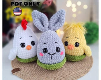 Crochet easter toys pattern, crochet plushie bunny- chicken- chick, plush easter bunny ornament, crochet amigurumi animals, easter decor