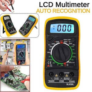May include: A yellow and black LCD multimeter with a digital display showing "000". The device has a rotary dial and multiple input ports. The text "LCD Multimeter AUTO RECOGNITION" is visible.