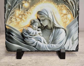 Mary and Baby Jesus with Radiating Light – Handcrafted Slate Art