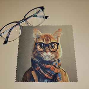 Könnte beinhalten: Eine Brille mit schwarzem Rahmen liegt über einem Mikrofasertuch. Das Tuch zeigt eine Katze mit Brille, Schal und Jacke. Die Katze hat orange-braunes Fell. Das Tuch hat einen gewellten Rand.