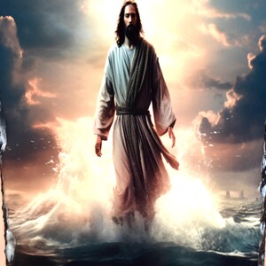 May include: A religious image on a dark stone. The image depicts a figure in flowing robes standing in water, with a bright light emanating from behind. The sky is filled with clouds and the water is turbulent.