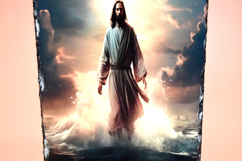 May include: A religious image on a dark stone. The image depicts a figure in flowing robes standing in water, with a bright light emanating from behind. The sky is filled with clouds and the water is turbulent.