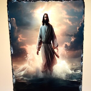 May include: A religious image on a slate tile. The image depicts a figure in flowing robes standing in water, with a bright, cloudy sky in the background. The figure has long hair and a beard, and the water is splashing around their feet.