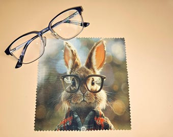 Puede incluir: Un par de gafas rectangulares de color azul oscuro con lentes transparentes colocadas sobre un paño de limpieza cuadrado de microfibra. El paño presenta una ilustración detallada de un conejo marrón con gafas de montura negra y una camisa de cuadros rojos.