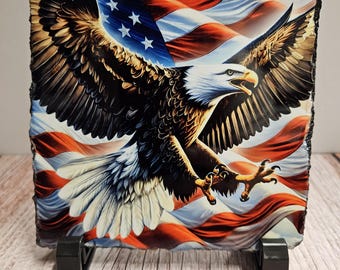 American Bald Eagle in Flight with American Flag on Slate