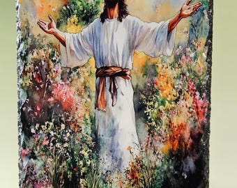 Fede cristiana - Gesù in preghiera ad acquerello su una lastra di ardesia - Arte religiosa cristiana - Regalo di Pasqua
