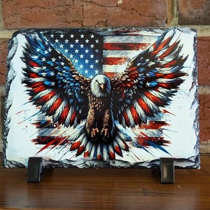 Handcrafted Slate Art: Bald Eagle with American Flag