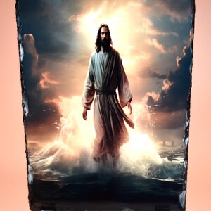 May include: A rectangular stone print depicts a figure in flowing robes standing in water, with a bright, sunlit sky in the background. The image has a religious theme, with the figure appearing to be walking on water.