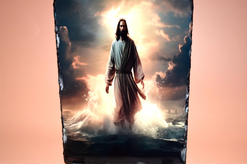 May include: A rectangular stone print depicts a figure in flowing robes standing in water, with a bright, sunlit sky in the background. The image has a religious theme, with the figure appearing to be walking on water.