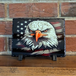 Patriotic Bald Eagle with American Flag on Slate