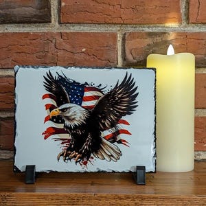 Bald Eagle US Flag Slate Art: Patriotic Home Decor (7.5x6.0 inches)