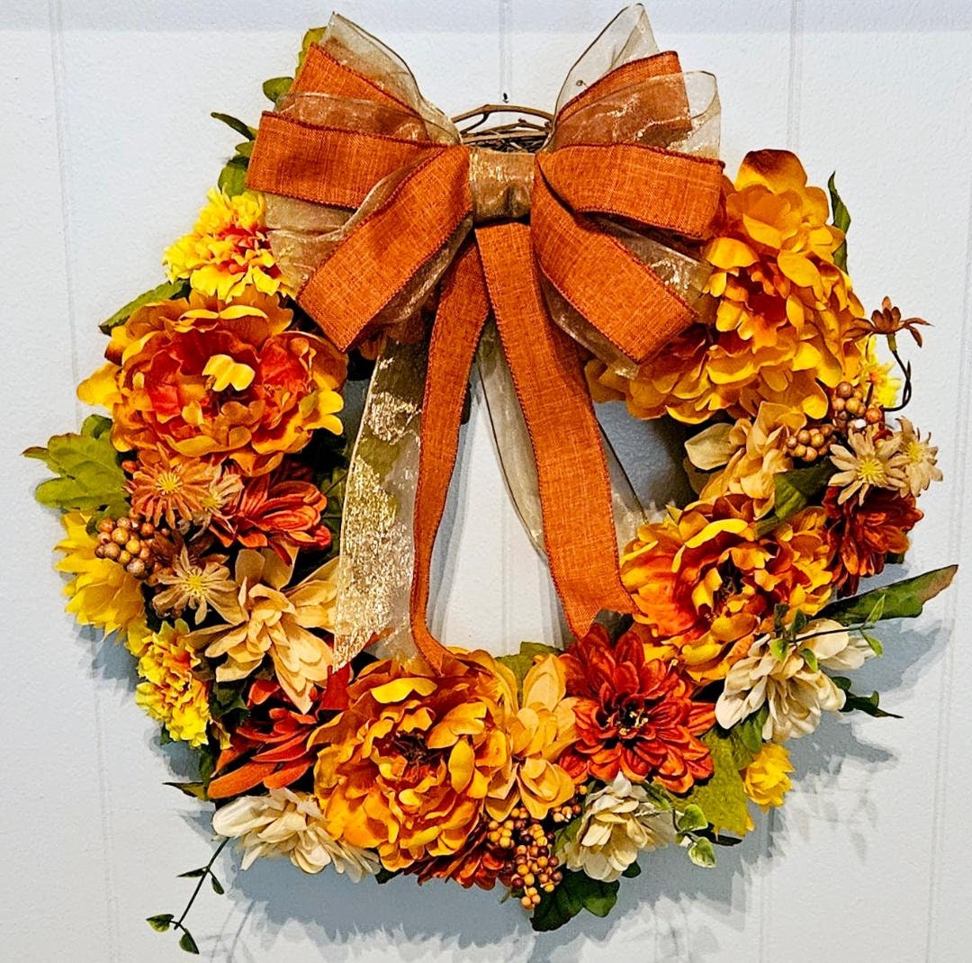 Fall Wreath for Front Door Outdoor. Autumn Flowers in Vibrant Colors ...