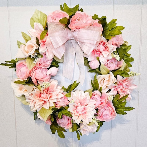 Floral front door wreath. 16 inch pink rose and peony wreath