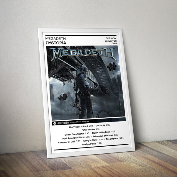 Megadeth Poster | Dystopia Poster | 4 kleuren | Metal Muziek Poster | Album Cover Poster | Tracklist Poster | Wall Decor Poster | Muziek cadeau