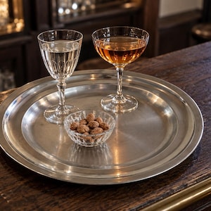 Può includere: Un grande vassoio da portata rotondo in metallo color argento lucido che contiene due calici con stelo e una piccola ciotola di vetro riempita di noci marroni. Un calice contiene un liquido trasparente, l'altro una bevanda color ambra.