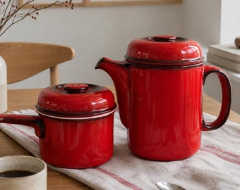 Vintage Red Coffee Pot & Saucepan Set, Thomas Flammfest Germany