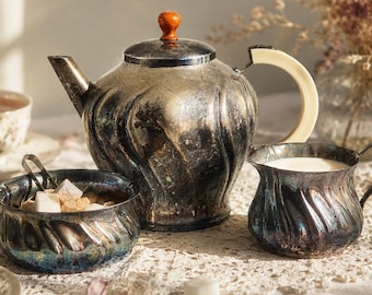 Vintage Silver Plated Tea Set, Art Deco Coffee Service, PRIMA NS Scandinavian Teapot, Creamer & Sugar Bowl