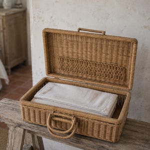 Op de afbeelding: Een rechthoekige koffer van gevlochten riet met een scharnierend deksel en twee ronde handvatten. De binnenkant van de open koffer bevat een netjes opgevouwen lichtbeige textiel. De buitenkant heeft een natuurlijke kleur met een strak vlechtpatroon.