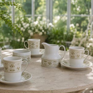 May include: A white porcelain tea set featuring a repeating olive green floral pattern on the mugs, saucers, and creamer. The set includes four mugs with matching saucers, a creamer, and a small bowl, all with a consistent botanical design.