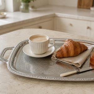 Peut inclure: Un plateau de service rectangulaire en métal argenté avec des motifs en relief, des bords perlés et deux poignées latérales. Il contient une tasse à café en céramique blanche côtelée, un croissant doré sur une serviette en lin et un pot de confiture.