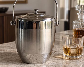 Vintage Stainless Steel Ice Bucket with Lid, Mid Century Barware, Cocktail Ice Pail, Silver Home Bar Accessory