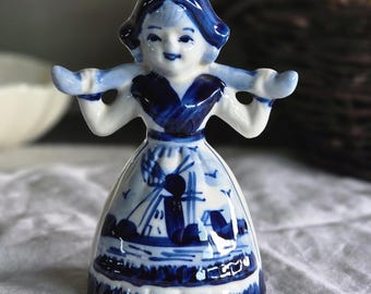 Vintage Delft Blue Porcelain Girl with Yoke – Dutch Figurine Holland – Blue & White Collectible – Country Farmhouse Decor