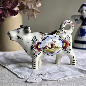 Vintage Delft Hand Painted Cow Creamer | Dutch Pottery with Windmill Scene