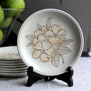 May include: A set of cream-colored ceramic plates with a floral design in shades of brown. The plates are stacked and displayed on a black stand, with a clear glass bowl of green apples in the background. The plates have a brown rim.