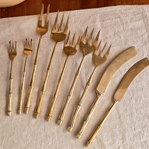 Vintage Brass Bamboo Serving Set of 9, Cheese & Carving Flatware, Mixed Serving Utensils