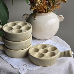 Four Vintage French Porcelain Dishes  for Escargot, Clay Pot with Handle, Mid Century Retro Cookware, French Country House